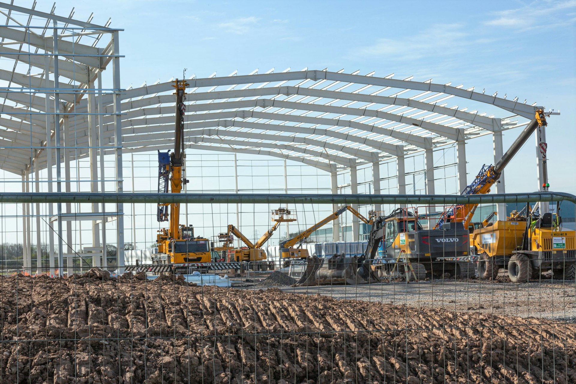Steel-framed warehouse building under construction